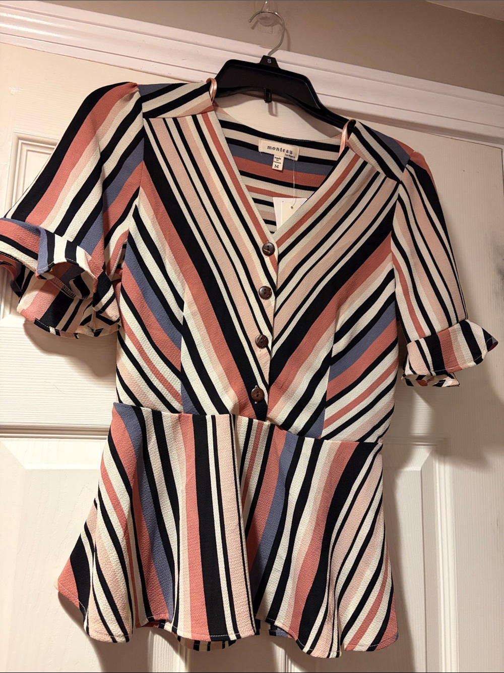 Monteau Striped V-Neck Peplum Blouse in cream M